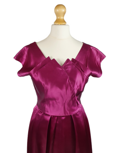 1950s Magenta Pink Liquid Satin Dress With Pleats and Layered Collar