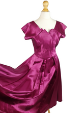 Load image into Gallery viewer, 1950s Magenta Pink Liquid Satin Dress With Pleats and Layered Collar
