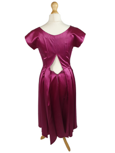 1950s Magenta Pink Liquid Satin Dress With Pleats and Layered Collar