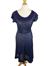 Load image into Gallery viewer, Late 1940s Navy Blue Lace Dress With Purple Trim
