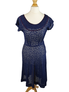 Late 1940s Navy Blue Lace Dress With Purple Trim