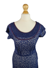 Load image into Gallery viewer, Late 1940s Navy Blue Lace Dress With Purple Trim
