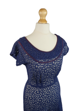 Load image into Gallery viewer, Late 1940s Navy Blue Lace Dress With Purple Trim
