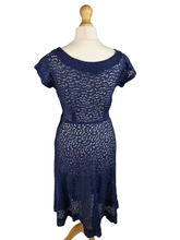 Load image into Gallery viewer, Late 1940s Navy Blue Lace Dress With Purple Trim
