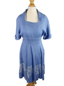 1940s Pale Blue Linen Dress With Embroidered Flowers