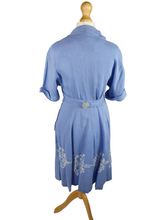 Load image into Gallery viewer, 1940s Pale Blue Linen Dress With Embroidered Flowers
