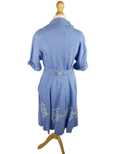 1940s Pale Blue Linen Dress With Embroidered Flowers