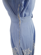 Load image into Gallery viewer, 1940s Pale Blue Linen Dress With Embroidered Flowers
