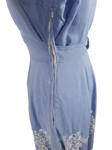 1940s Pale Blue Linen Dress With Embroidered Flowers