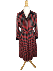 1940s/1950s Red and Black Checked Dress with Velvet Collar and Cuffs