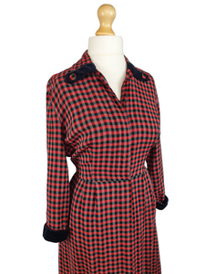 1940s/1950s Red and Black Checked Dress with Velvet Collar and Cuffs