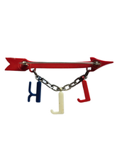 Load image into Gallery viewer, 1940s Rare Celluloid Arrow LLK Red, White and Blue Brooch
