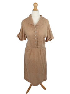 1940s Peach/Biscuit Dress with White Fleck And Diamante Buttons
