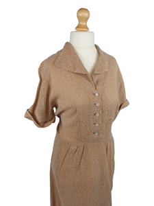 1940s Peach/Biscuit Dress with White Fleck And Diamante Buttons