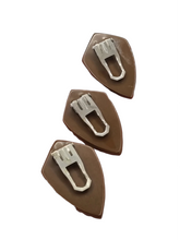 Load image into Gallery viewer, 1940s Chocolate Brown Carved Bakelite Triple Dress Clip Set
