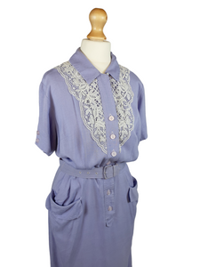 1940s Lilac Cotton Dress With Lace Detail, Pockets and Original Belt