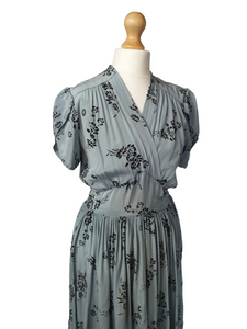 1940s Duck Egg Blue Dress With Velvet Details and Sleeves