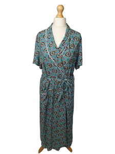 1940s Light Teal Peacock Print Wrap Dress