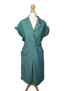 1940s Teal Blue Dress With Huge Collar and Pockets