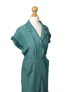 1940s Teal Blue Dress With Huge Collar and Pockets