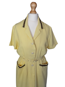 1940s Yellow Linen Dress With Brown Detailing and Pockets