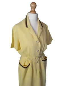 1940s Yellow Linen Dress With Brown Detailing and Pockets