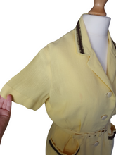 Load image into Gallery viewer, 1940s Yellow Linen Dress With Brown Detailing and Pockets
