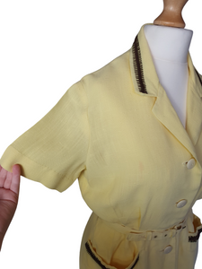 1940s Yellow Linen Dress With Brown Detailing and Pockets