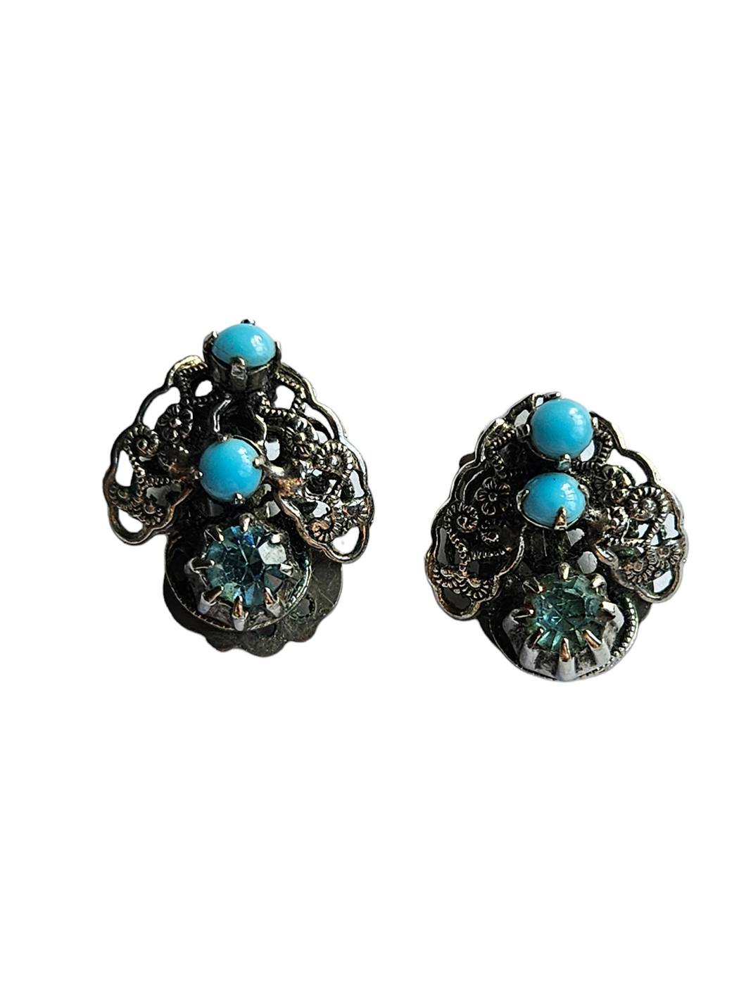 1930s Czech Blue Glass Filigree Earrings