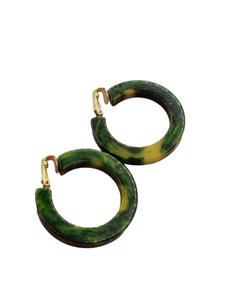 1940s Green and Yellow Marbled Bakelite Hoop Earrings