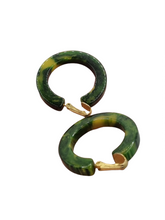 Load image into Gallery viewer, 1940s Green and Yellow Marbled Bakelite Hoop Earrings

