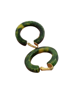 1940s Green and Yellow Marbled Bakelite Hoop Earrings