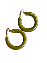 Load image into Gallery viewer, 1940s Carved Bakelite Moss Green Earrings
