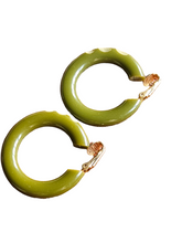 Load image into Gallery viewer, 1940s Carved Bakelite Moss Green Earrings
