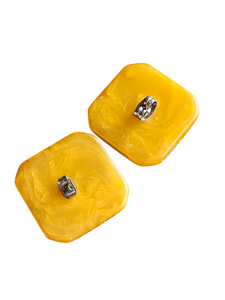 1940s Deadstock Yellow Marbled Square Bakelite Earrings