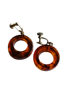 1940s Inky Root Beer Bakelite Hoop Screwback Earrings