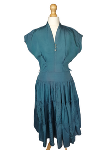 1950s Teal Blue Taffetta Big Skirt Patio Dress