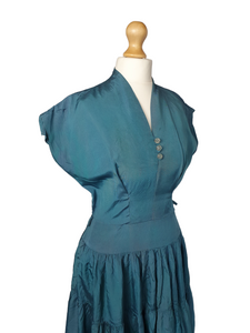 1950s Teal Blue Taffetta Big Skirt Patio Dress