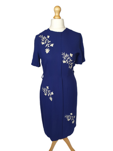 1950s Royal Blue Wool Dress With White Embroidered Flowers