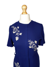 Load image into Gallery viewer, 1950s Royal Blue Wool Dress With White Embroidered Flowers

