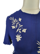 Load image into Gallery viewer, 1950s Royal Blue Wool Dress With White Embroidered Flowers
