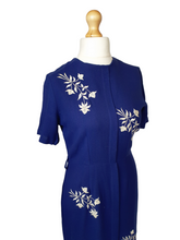 Load image into Gallery viewer, 1950s Royal Blue Wool Dress With White Embroidered Flowers
