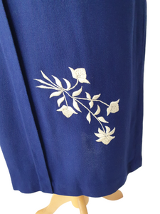1950s Royal Blue Wool Dress With White Embroidered Flowers