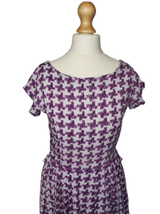 1950s Purple and White Rayon Dogtooth Dress