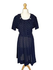 1940s Navy Blue Rayon Dress With White Spot Print
