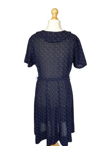 1940s Navy Blue Rayon Dress With White Spot Print