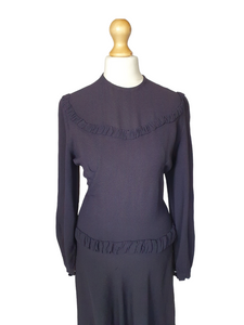 1940s Navy Blue Crepe Dress With Button Back and Frills