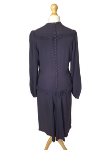 1940s Navy Blue Crepe Dress With Button Back and Frills