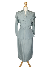 Load image into Gallery viewer, 1940s Pale Blue Silk Suit With Peplum Collar and Raglan Sleeve
