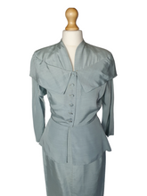 Load image into Gallery viewer, 1940s Pale Blue Silk Suit With Peplum Collar and Raglan Sleeve
